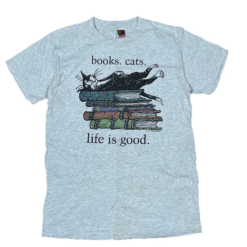 Vintage 90s Edward Gorey T-Shirt Books Cats Life Is Good Size Medium Grey